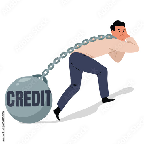 Vector illustration of man dragging iron ball on chain for mortgage burden showing heavy credit responsibility and financial stress design