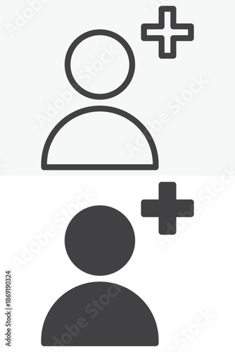 Add user different style icon set with person and plus sign. Simple line, outline and solid icon editable stroke vector sign and symbol for account creation icon.