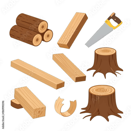 Hand-drawn set of wooden logs and saw
