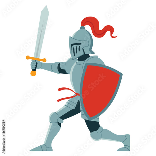 Vector illustration of medieval armored knight attacking with sword and shield perfect for fantasy kingdom battle story game or historical themed artwork