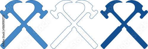 Three blue colored hammers icons in different shades isolated on transparent background