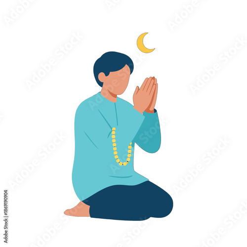 Man praying with crescent moon above
