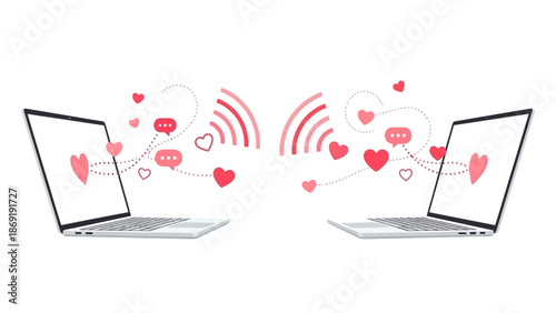 Online dating concept: Laptops sending love messages and hearts via wifi