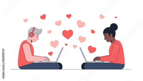 Online dating couple connecting with hearts, long distance relationship, love communication