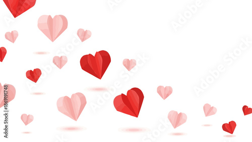 Origami Hearts Background: Red and Pink Paper Hearts Floating on White, Valentine's Day Design