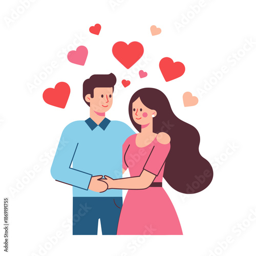 Happy Couple Falling in Love, Surrounded by Hearts - Romantic Illustration