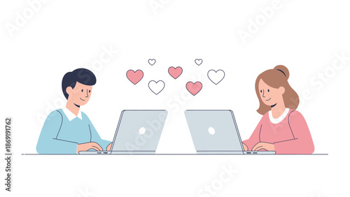 Couple Online Dating With Hearts Above Laptops, Connection Through Technology