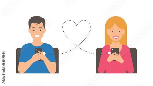 Couple connecting online via smartphones, digital romance, love heart connection