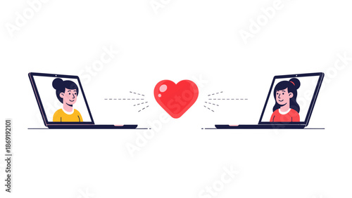 Online Dating Connection: Two Women Connecting Via Laptops with Heart Symbol