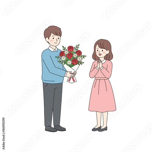 Man gives woman flowers, couple celebrating romance, surprise gift, happy couple, love, proposal