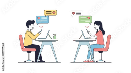 Couple Online Dating Chatting Via Laptops and Phones, Love Messages