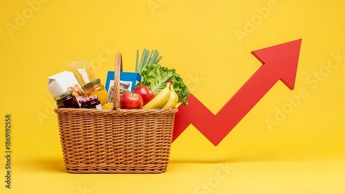 Shopping basket with food products, and arrow on yellow background. Price rise concept