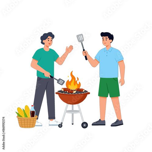Two men grilling sausages on a barbecue grill
