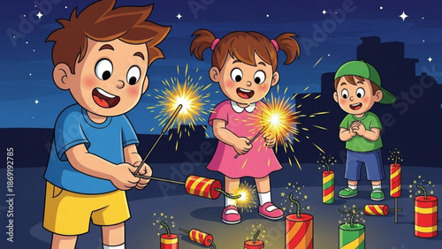 Three happy children playing with colorful sparklers and firecrackers on a starry night with a city skyline in the background with happy kids