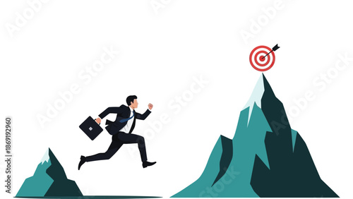 Businessman jumping between mountains with a briefcase toward a success target