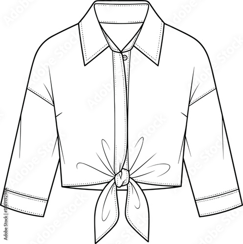 Women cropped tie front shirt technical flat sketch, button up blouse apparel fashion cad drawing vector illustration line art design