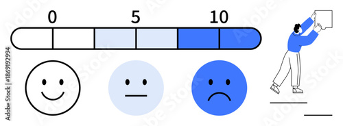 Feedback concept. Feedback visualization through emotion-based satisfaction scale and numeric scores. Feedback enhancing user experience and decision-making. For UX, customer surveys, evaluations