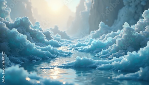 Winter Landscape with Frozen River and Soft Sunlight Filtering Through Mist Covered Mountains