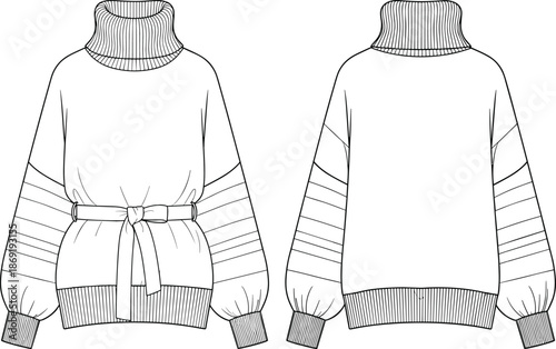 Women turtleneck sweater front and back view fashion design, knitted pullover with belt detail, technical cad drawing flat vector illustration