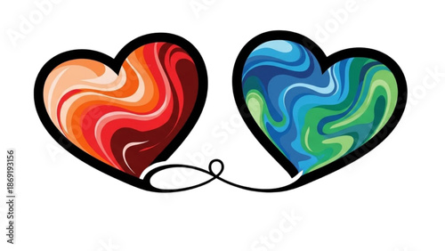 High-Quality Black Outline Colorful Art of Two Hearts Connected by a Single Line, Love and Connection Symbol