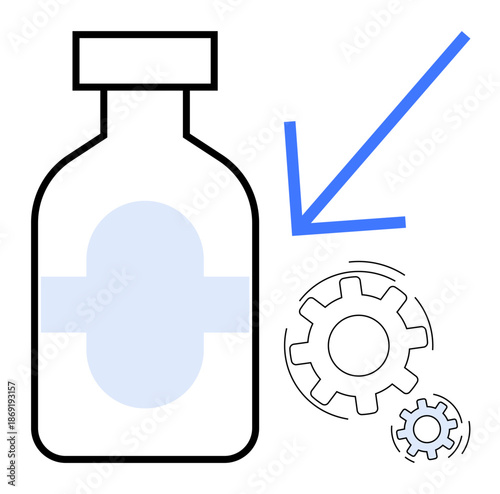 Automation, innovation, healthcare, pharmaceutical processes, technology, manufacturing. Bottle with gears and arrow. Automation and innovation in medical and pharmaceutical industries concept