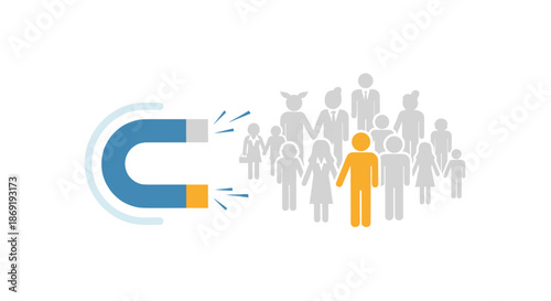 U-shaped magnet with blue body and grey yellow poles showing magnetic force with radiating lines in flat design style isolated on white background