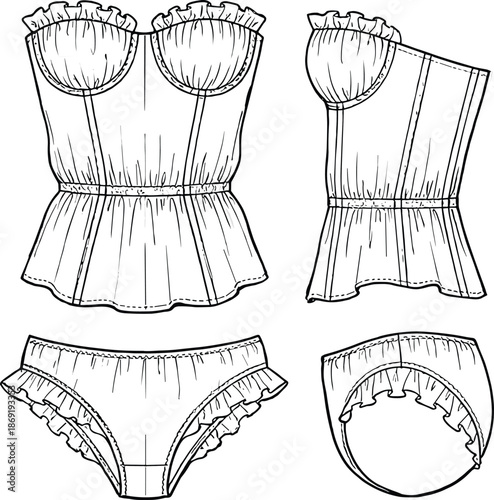 Lingerie technical flat drawing, women underwear set, camisole top and briefs, fashion CAD illustration, apparel design blueprint, vector line art