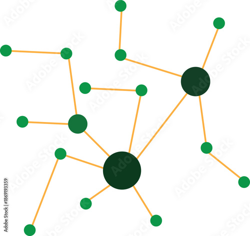 Network structure with interconnected nodes and central hubs, illustrating complex relationships and data flow in a decentralized system or organizational chart concept