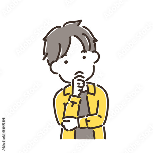 考え事をして首をかしげている若い男性／シンプルカラー／単品