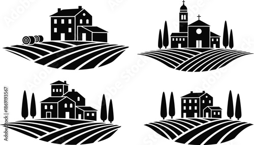 Rural village silhouette illustration set, farmhouse church countryside landscape with fields trees for agriculture nature design vector