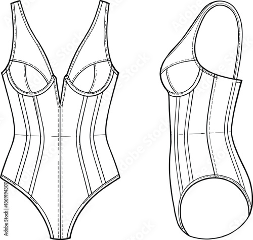 Women's bodysuit lingerie technical sketch illustration, underwired cups shapewear garment construction fashion flat line art vector