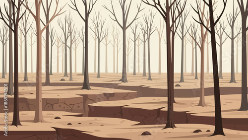 Abstract Forest Scene: A minimalist illustration captures a serene woodland landscape, featuring bare trees casting shadows on the dry, cracked earth.