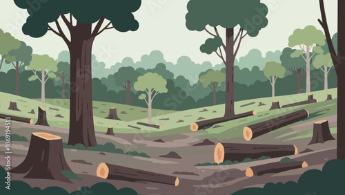 Deforestation Scene: A detailed illustration of a forest clearing, with chopped trees and tree stumps strewn across the landscape, symbolizing the impact of environmental damage. 