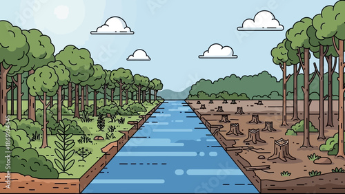 Environment Contrast: Depicts the stark contrast between a thriving forest and one decimated by deforestation.