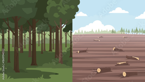 Forest Deforestation: A stark contrast between a lush forest and a clear-cut area, depicting the impact of deforestation and its environmental consequences.