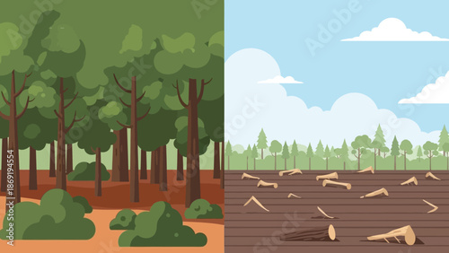 Environmental Contrast: A stark juxtaposition of a vibrant forest alongside a barren landscape marred by deforestation.