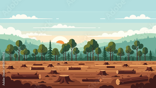 Deforestation impact: A vivid depiction of deforestation's impact showcases a landscape scarred by clear-cutting. Stumps and felled logs litter the earth.