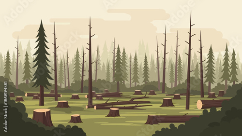 Deforestation's aftermath: A depiction of a deforested area, where tree stumps are visible and the aftermath is evident. the forest, the result of ecological damage.