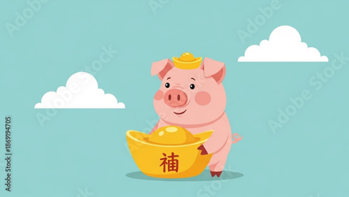 A cheerful cartoon pink pig holding a large gold ingot in a bowl with chinese character on it and wearing a gold coin on its head standing on a teal background with white