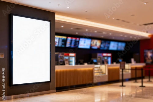 Movie theater lobby with blank billboard