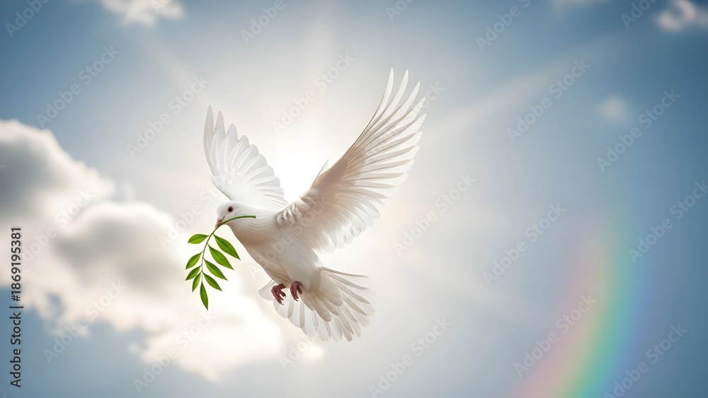 Fototapeta premium Dove with olive branch in flight under rainbow sky