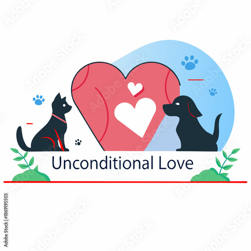 Pet Lovers Valentine Badge with Cat Dog Silhouette and Heart Vector