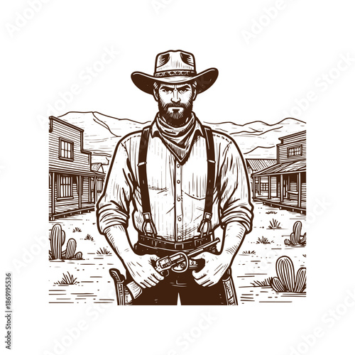 A cowboy standing in front of a western town with a gun