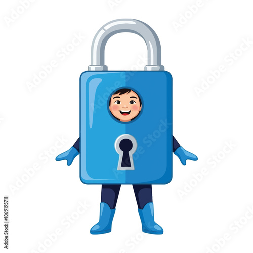 A smiling child's face peeks through a cutout in a large, cartoonish blue padlock costume, complete with blue gloves and boots, symbolizing digital security or child protection.