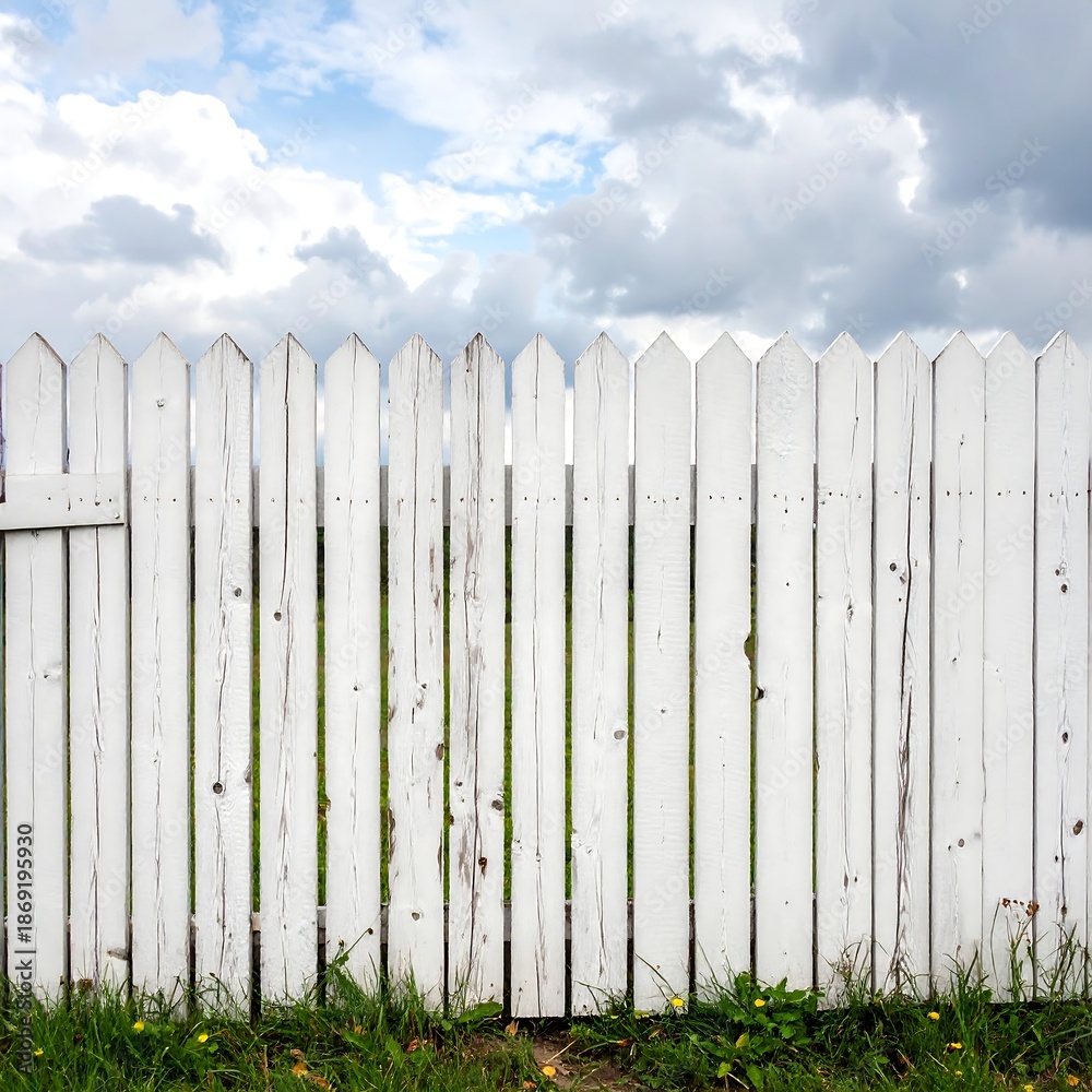 Fototapeta premium White picket fence against a cloudy sky