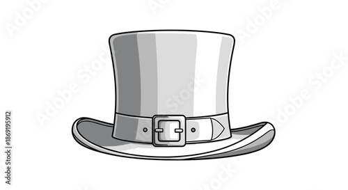Classic top hat with a buckled band around its base is depicted in a grayscale illustration with realistic shading and highlights.