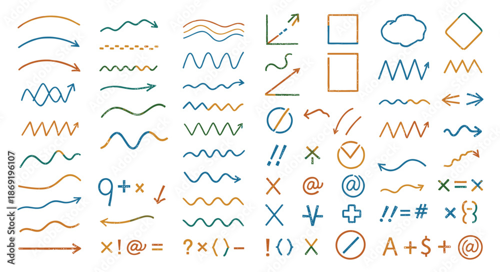 Naklejka premium Large set of hand drawn scribbled arrows, lines, mathematical symbols, and shapes in blue, orange, and green colors.