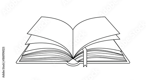 Outline drawing of an open book with multiple pages visible and a bookmark symbolizing reading and storytelling concepts.