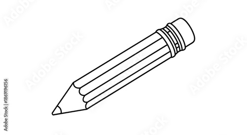 Simple black and white isometric drawing of a sharpened wooden pencil with an eraser used for writing and sketching.