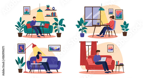 Collection of four flat design illustrations showing people working from home on laptops in cozy living room settings.